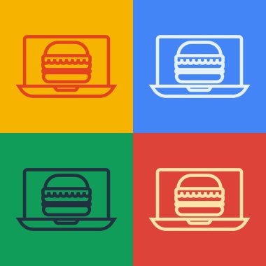 Pop Art Line Online sipariş ve hamburger dağıtım ikonu renkli arka planda izole edildi. Vektör İllüstrasyonu.