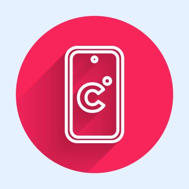 Beyaz çizgi Celsius simgesi uzun gölgeli izole edilmiş. Kırmızı daire düğmesi. Vektör.