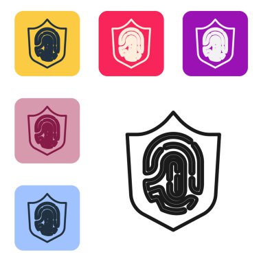 Siyah çizgi koruma kalkanı beyaz arkaplanda izole edilmiş parmak izi ikonu. Kimlik uygulaması simgesi. Kimlik işareti. Güvenlik parmak taraması konsepti. Renkli kare düğmelerle simgeleri ayarla. Vektör.