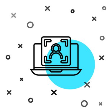 Beyaz arkaplanda yüz tanıma simgesine sahip siyah çizgi dizüstü bilgisayar. Yüz tanımlama simgesi. Yüz tanıma. Siber güvenlik kavramı. Rastgele dinamik şekiller. Vektör.