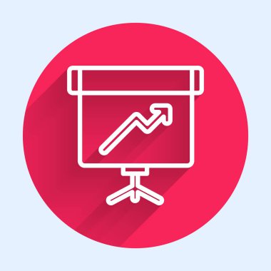 Grafik, çizelge, grafik, grafik, diyagram, bilgi grafiği, uzun gölgeli turta grafik simgesi içeren beyaz çizgi sunum tahtası. Kırmızı daire düğmesi. Vektör.