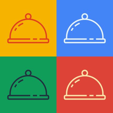 Popüler sanat çizgisi, arka planda izole edilmiş bir tepsi yemek ikonu ile kaplıdır. Tepsi ve kapak işareti. Kapaklı bir restoran saati. Vektör.