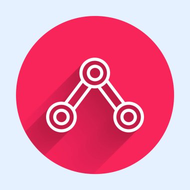 Beyaz çizgi Molekül simgesi uzun gölgeli izole edilmiş. Kimya moleküllerinin yapısı, fen öğretmenlerinin yenilikçi eğitim posteri. Kırmızı daire düğmesi. Vektör.