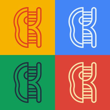 Popüler sanat çizgisi renk arkaplanında genetik olarak değiştirilmiş et simgesi izole edildi. Ete şırınga enjekte ediliyor. Vektör.