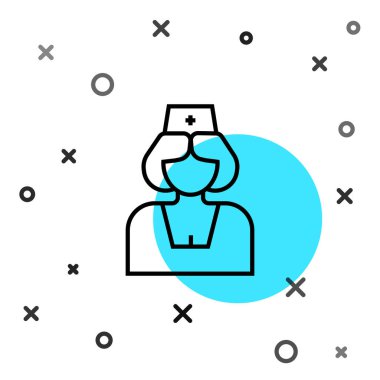 Siyah çizgi hemşire simgesi beyaz arka planda izole edildi. İlaç ve sağlık hizmetleri. Uluslararası Hemşireler Günün kutlu olsun. Rastgele dinamik şekiller. Vektör.