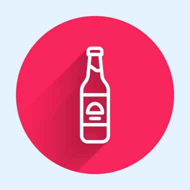 Beyaz çizgi bira şişesi ikonu uzun gölgeli izole edilmiş. Kırmızı daire düğmesi. Vektör.