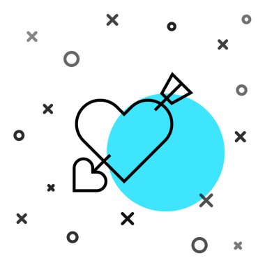 Beyaz zemin üzerinde kalp ve ok simgesi olan siyah çizgi Amour sembolü. Aşk işareti. Sevgililer Günü sembolü. Rastgele dinamik şekiller. Vektör.