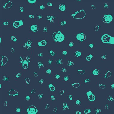 Maymun, kirpi, geyik kafası, boynuz ve pati izleriyle kusursuz desen. Vektör.