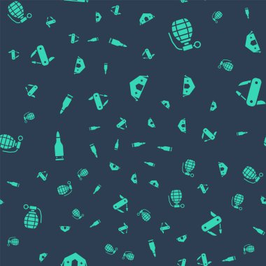 Askeri tıbbi çadır, el bombası, kurşun ve İsviçre ordu bıçağını kusursuz bir şekilde yerleştirin. Vektör.