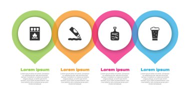 Kibrit kutusu, kibrit kutusu, ketçap şişesi, kesme tahtası ve bir bardak bira. Ticari bilgi şablonu. Vektör.