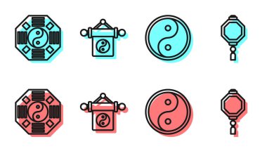 Yin Yang, Yin Yang, Yin Yang ve Çin kağıt fener ikonu. Vektör.