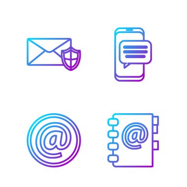 Satır adres defteri, posta ve e-posta, Kalkanlı Zarf ve telefonda Sohbet mesajları bildirim. Renk simgeleri. Vektör.