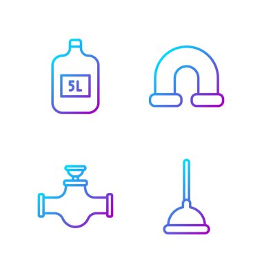 Lastik pompa, sanayi borusu ve valf, temiz su ve endüstriyel metalik boru dolu büyük bir şişe. Renk simgeleri. Vektör.