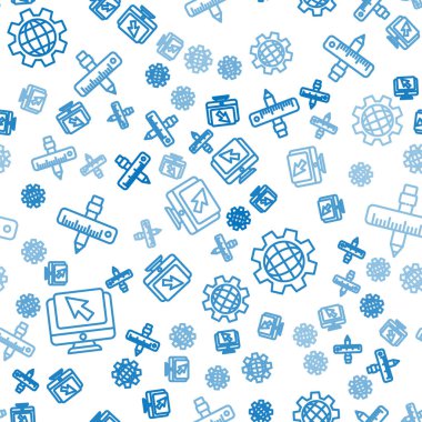 Çizgi bilgisayar monitörü ve imleci, Dünya 'nın Küresi ve teçhizatı ve çapraz cetvel ve kalemi pürüzsüz desen üzerinde ayarla. Vektör.