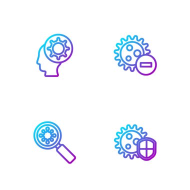 Hat kalkanını virüse karşı, virüsü büyüteç altına alın, insan ve negatif. Renk simgeleri. Vektör.