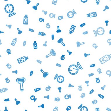 Tıraş bıçağı, yuvarlak makyaj aynası ve kusursuz desenli saç spreyi için sprey kutusu ayarla. Vektör.