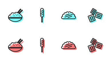 Tortilla ile Taco, kase çubuğunda pilav, mısırlı sosis ve bisküvi ikonu hazırla. Vektör.