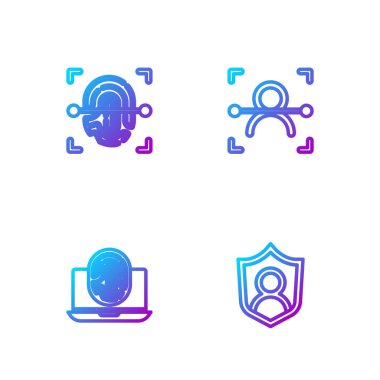 Satır Kullanıcı korumasını ayarlayın, parmak izli dizüstü bilgisayar, parmak izi ve yüz tanıma. Renk simgeleri. Vektör.