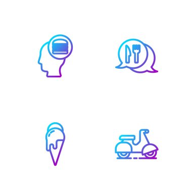 Scooter teslimatı, dondurma siparişi ve Cafe restoranının yerini belirle. Renk simgeleri. Vektör.