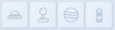 UFO uçan uzay gemisi, Planet, Joystick ve Rocket 'i ayarlayın. Beyaz kare düğme. Vektör.