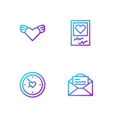 Çizgi halinde tebrik kartı, kalbi olan saat, kalp kanatları, fotoğraf çerçeveleri ve kalpler. Renk simgeleri. Vektör.