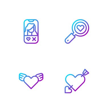 Aşkı kalp ve okla, kalp kanatlarıyla, randevu uygulamalarıyla ve aşkı ara. Renk simgeleri. Vektör.