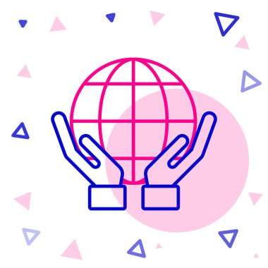 Beyaz arka planda Dünya 'nın simgesini tutan çizgi insan eli. Dünya kavramını sakla. Renkli taslak konsepti. Vektör İllüstrasyonu.