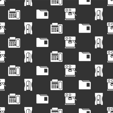 Kahve makinesi, kalem açacağı, telefon ve belge klasörünü pürüzsüz şablona ayarla. Vektör.