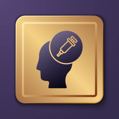 Mor arka planda bulunan uyuşturucu ikonuna mor bağımlılık. Eroin, uyuşturucu, bağımlılık, yasadışı. Elinde şırınga ve ilaç olan hasta bir keş. Altın kare düğme. Vektör.