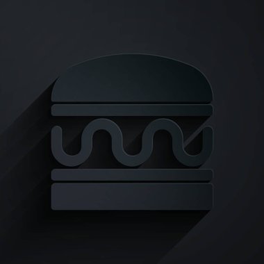 Kağıt kesiği Burger simgesi siyah arkaplanda izole edilmiş. Hamburger ikonu. Çizburger sandviç tabelası. Fast food menüsü. Kağıt sanatı tarzı. Vektör.