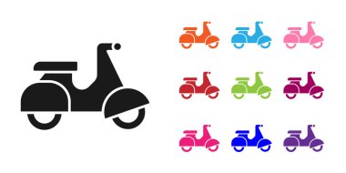 Siyah Scooter teslimat simgesi beyaz arka planda izole edildi. Teslimat hizmeti konsepti. Simgeleri renklendirin. Vektör.