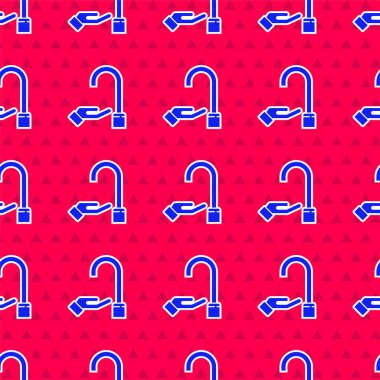 Kırmızı arka planda izole edilmiş sabun ikonu olan mavi yıkama elleri. Virüs ve bakterileri önlemek için ellerini sabunla yıkıyorsun. Vektör.