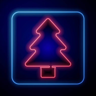 Parlayan neon ağacı simgesi mavi arkaplanda izole edildi. Orman sembolü. Vektör.