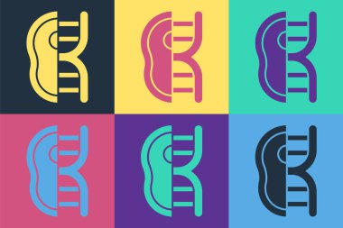 Pop Art 'ın genetik olarak modifiye edilmiş et simgesi renk arkaplanında izole edilmiş. Ete şırınga enjekte ediliyor. Vektör.