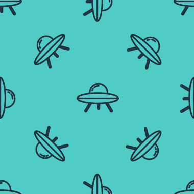 Siyah çizgi UFO uçan uzay gemisi simgesi yeşil arka planda izole edilmiş kusursuz desen. Uçan daire. Uzaylı uzay gemisi. Gelecekteki bilinmeyen uçan nesne. Vektör.
