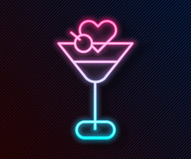 Parlayan neon hattı Martini cam ikonu siyah arka planda izole edildi. Kokteyl ikonu. Şarap kadehi ikonu. Vektör.