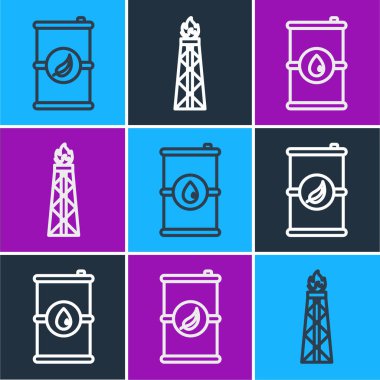 Biyolojik yakıt varili, fıçı petrol ve petrol platformunu yangın ikonuyla ayarlayın. Vektör.