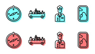 Hat Kılavuzu, Pusula, Havalimanı bagaj çekici ve uçak pencere simgesi. Vektör.