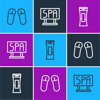 Çizgi Terlik, bir şişe şampuan ve Spa salonu tabela ikonu. Vektör.