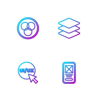 UI veya UX tasarımı, RGB ve CMYK renk karıştırma ve katmanları ayarlayın. Renk simgeleri. Vektör.