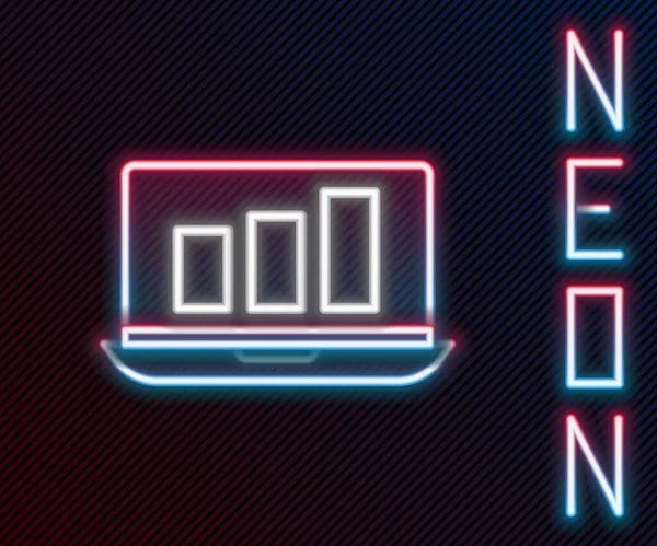 Zářící Neonová Čára Laptop Ikonou Grafu Izolované Černém Pozadí Nahlásit — Stockový vektor