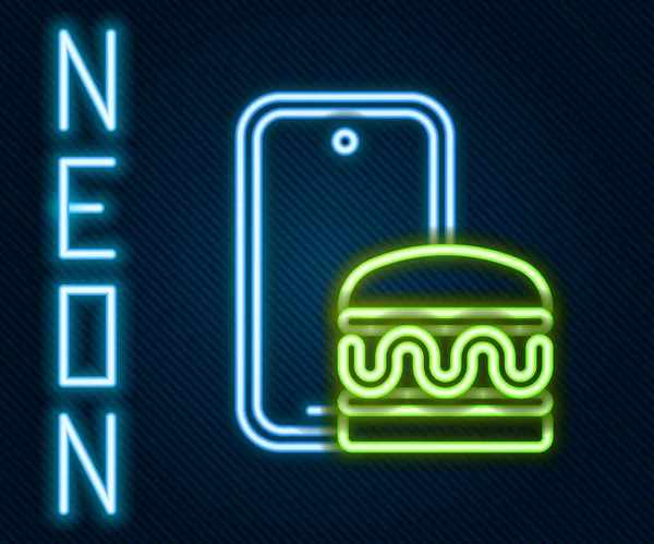 Gloeiende Neon Lijn Online Bestellen Fast Food Levering Pictogram Geïsoleerd — Stockvector