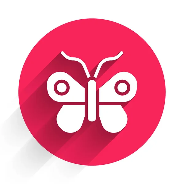 Icône Papillon Blanc Isolé Avec Une Ombre Longue Bouton Rouge — Image vectorielle