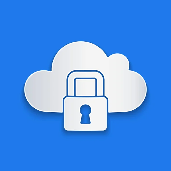 Papier Gesneden Cloud Computing Lock Pictogram Geïsoleerd Blauwe Achtergrond Beveiliging — Stockvector