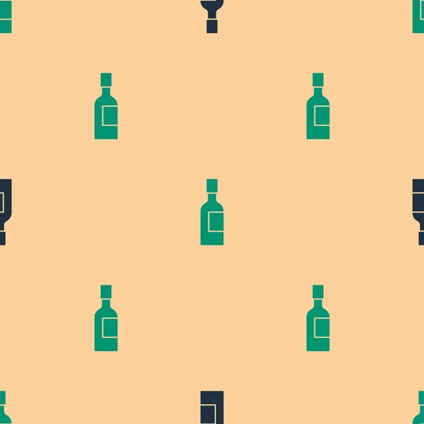 Green Black Champagne Bottle Icon Isolated Seamless Pattern Beige Background — Stock Vector