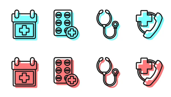 Set Line Stethoscope Doctor Appointment Pills Blister Pack Emergency Phone — Stock Vector