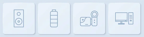 Ställ Linje Stereohögtalare Biokamera Batteriladdningsnivåindikator Och Datorskärm Vit Fyrkant Knapp — Stock vektor