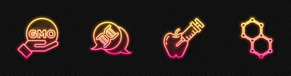 设定基因修饰的苹果 Gmo Dna符号和化学式 发光的霓虹灯图标 — 图库矢量图片