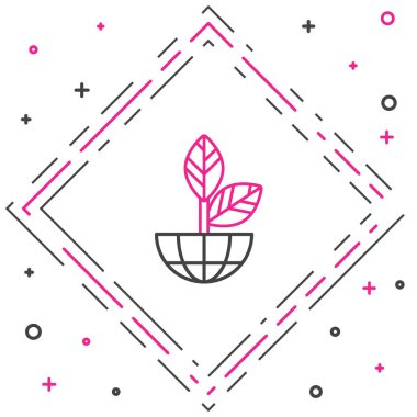 Beyaz arka planda izole edilmiş Dünya çizgisi ve bitki ikonu. Dünya ya da Dünya işareti. Geometrik şekiller. Çevresel konsept. Renkli taslak konsepti. Vektör İllüstrasyonu.