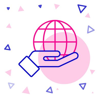 Beyaz arka planda Dünya 'nın simgesini tutan çizgi insan eli. Dünya kavramını sakla. Renkli taslak konsepti. Vektör İllüstrasyonu.